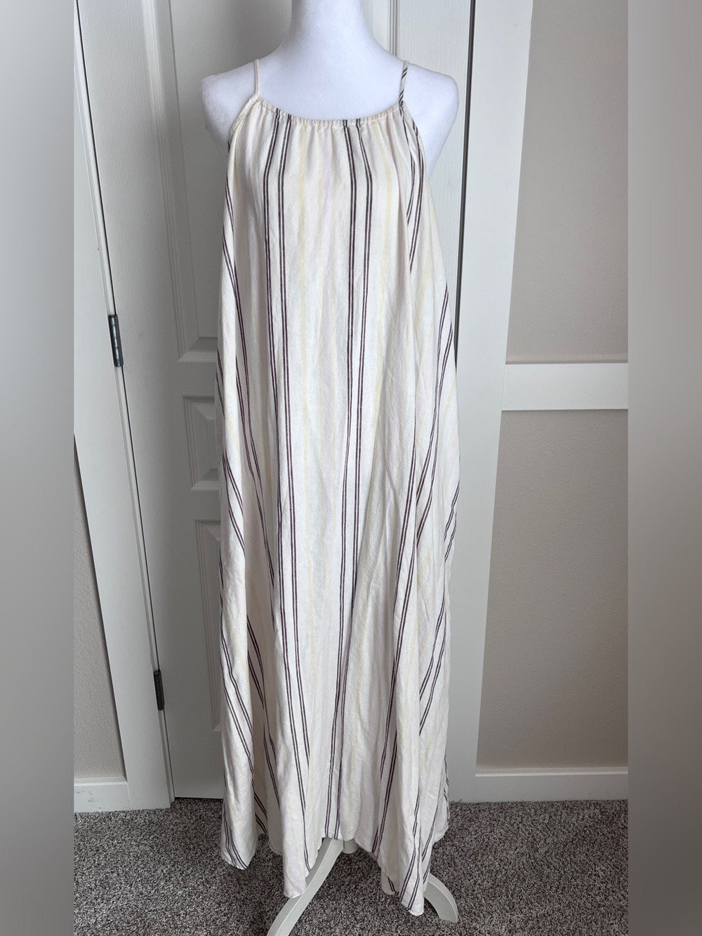 A New Day Linen Blend Brown & Soft Yellow/Cream Striped Maxi Dress - Size Large